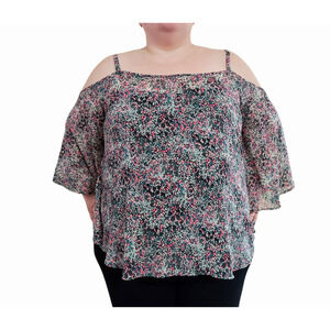 Torrid Women's Ditsy Floral Print Cold Shoulder Batwing Sheer Top